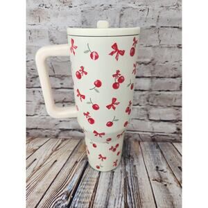 Red Bows Cherries Tumbler Spill Free Stainless Steel Vacuum Tumbler NEW Straw